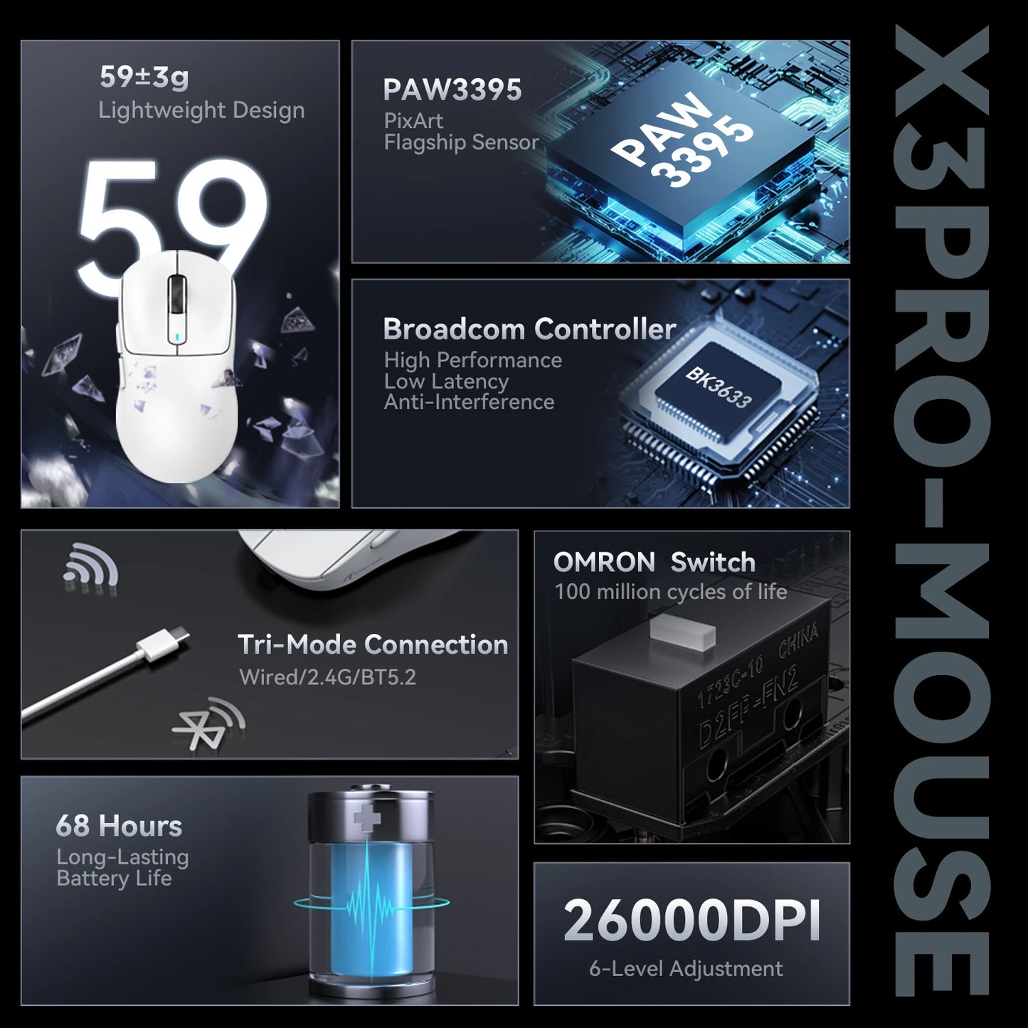 Attack Shark X3 X3Pro Wireless Tri-Mode Gaming Mouse 26K DPI PAW3395 Computer Gaming Peripherals CSGO Valorant Office Gift