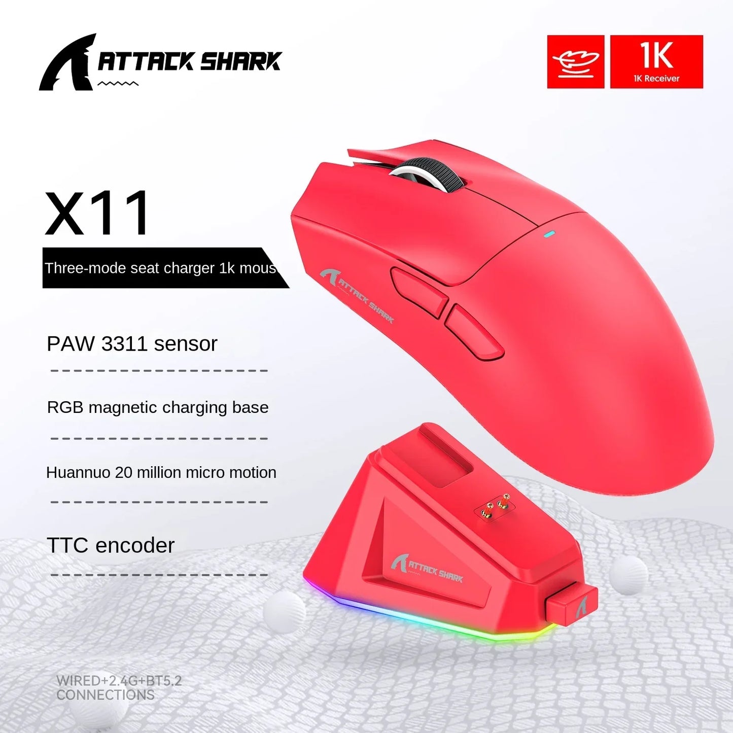 PAW3311 Triple-Mode Attack Shark X11 Connectivity Light Weight Bluetooth Mouse Touch Magnetic Charging Optical Sensor Gaming