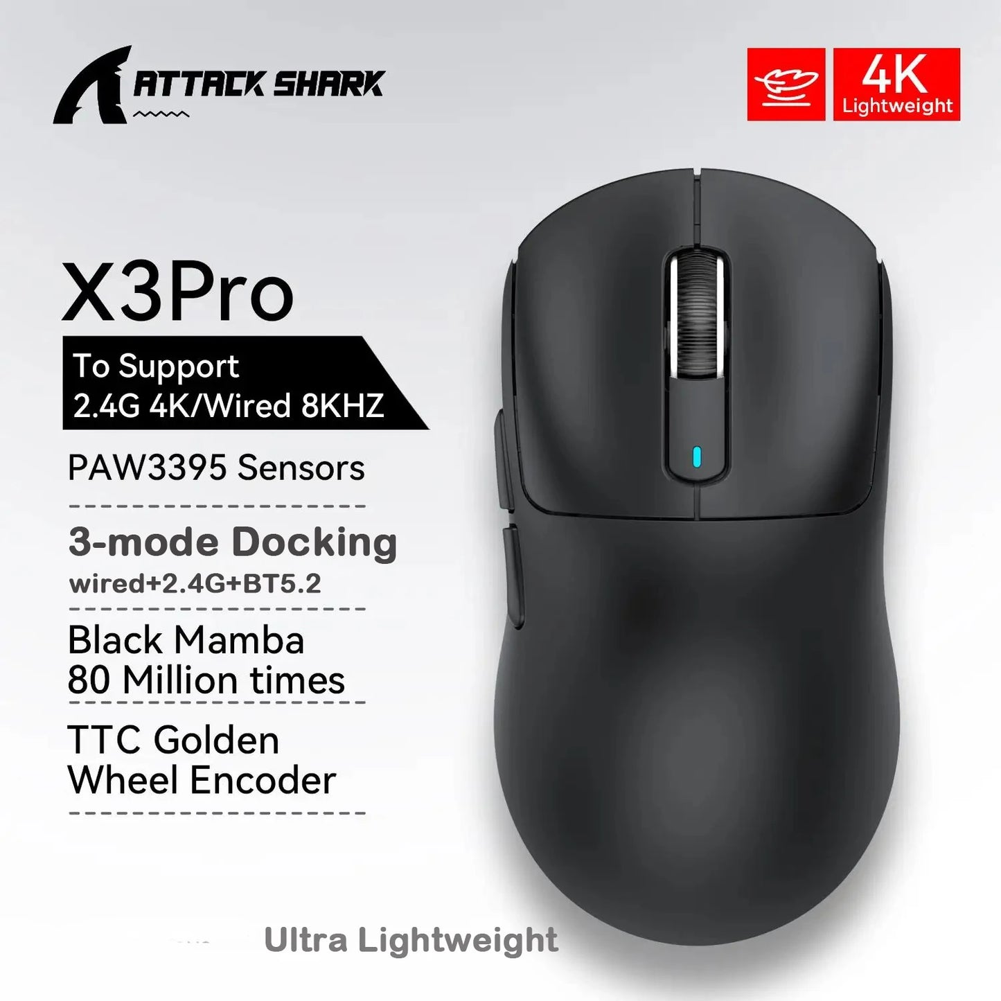 ATTACK SHARK X3Pro X3 8K Wireless Gaming Mouse 26K DPI Tri-Mode Bluetooth Wired 2.4G Ultra-Light Ergonomic For VALORANT, FPS