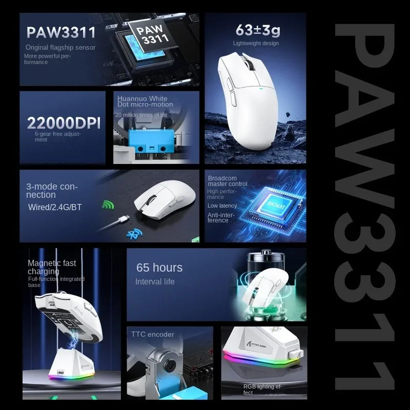 PAW3311 Triple-Mode Attack Shark X11 Connectivity Light Weight Bluetooth Mouse Touch Magnetic Charging Optical Sensor Gaming