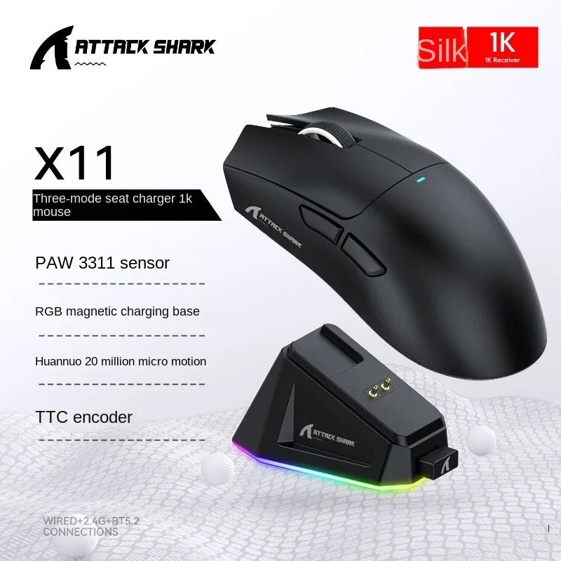PAW3311 Triple-Mode Attack Shark X11 Connectivity Light Weight Bluetooth Mouse Touch Magnetic Charging Optical Sensor Gaming